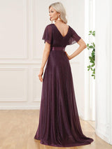 ever LIORÉ|Sparkling Short Sleeve V-Neck Ribbon Waist A-Line Evening Dress