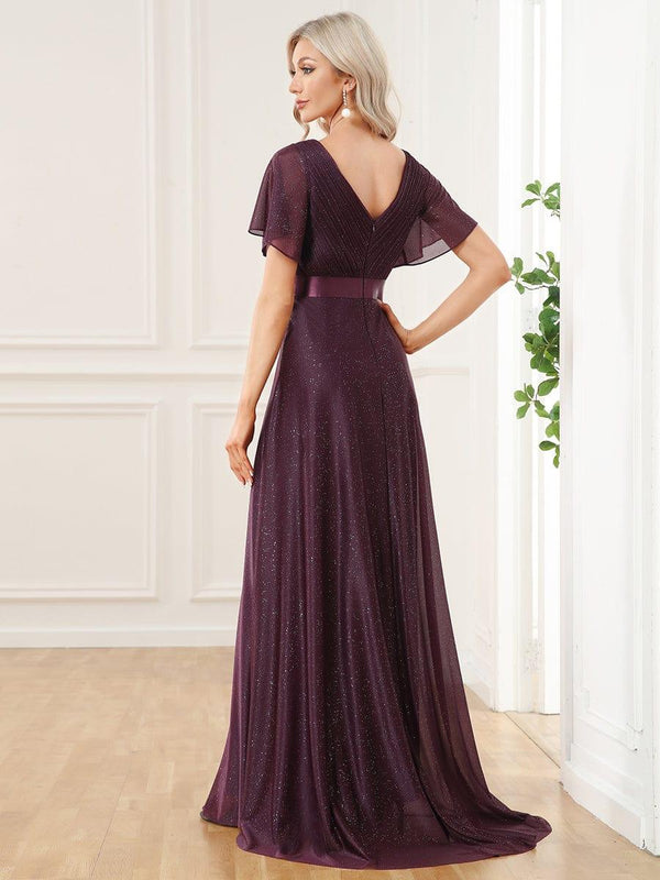 ever LIORÉ|Sparkling Short Sleeve V-Neck Ribbon Waist A-Line Evening Dress