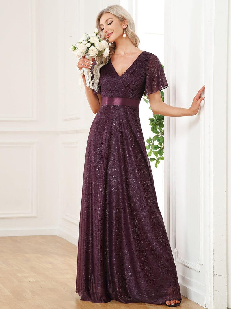 ever LIORÉ|Sparkling Short Sleeve V-Neck Ribbon Waist A-Line Evening Dress