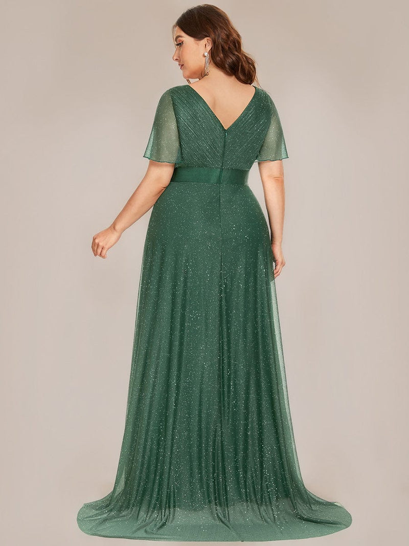 ever LIORÉ|Sparkling Short Sleeve V-Neck Ribbon Waist A-Line Evening Dress