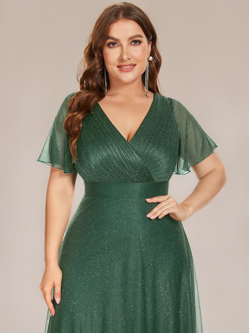 ever LIORÉ|Sparkling Short Sleeve V-Neck Ribbon Waist A-Line Evening Dress