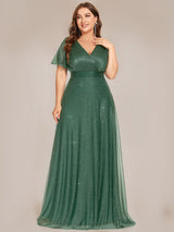 ever LIORÉ|Sparkling Short Sleeve V-Neck Ribbon Waist A-Line Evening Dress