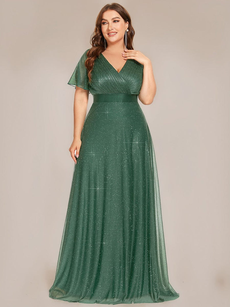ever LIORÉ|Sparkling Short Sleeve V-Neck Ribbon Waist A-Line Evening Dress