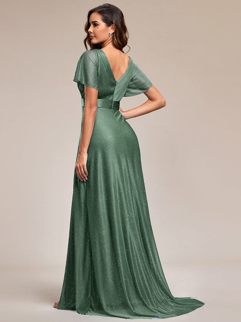 ever LIORÉ|Sparkling Short Sleeve V-Neck Ribbon Waist A-Line Evening Dress