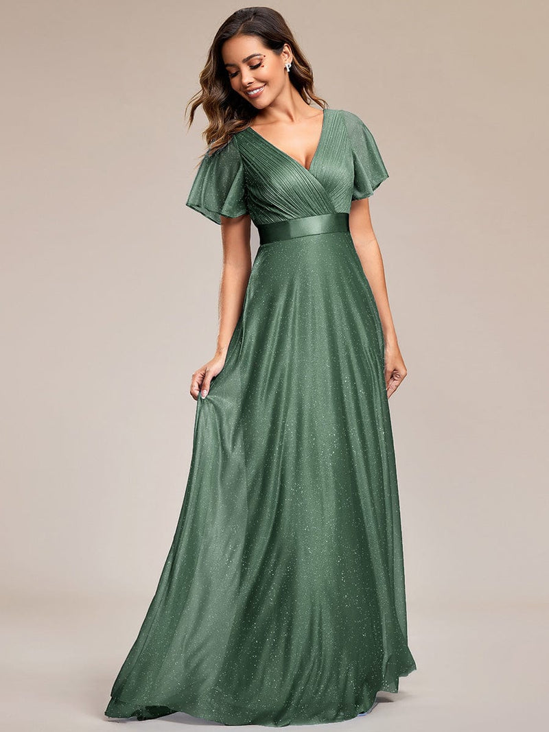ever LIORÉ|Sparkling Short Sleeve V-Neck Ribbon Waist A-Line Evening Dress