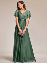 ever LIORÉ|Sparkling Short Sleeve V-Neck Ribbon Waist A-Line Evening Dress
