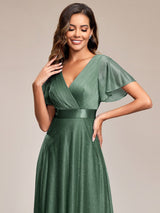 ever LIORÉ|Sparkling Short Sleeve V-Neck Ribbon Waist A-Line Evening Dress