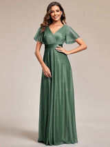 ever LIORÉ|Sparkling Short Sleeve V-Neck Ribbon Waist A-Line Evening Dress