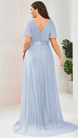 ever LIORÉ|Sparkling Short Sleeve V-Neck Ribbon Waist A-Line Evening Dress