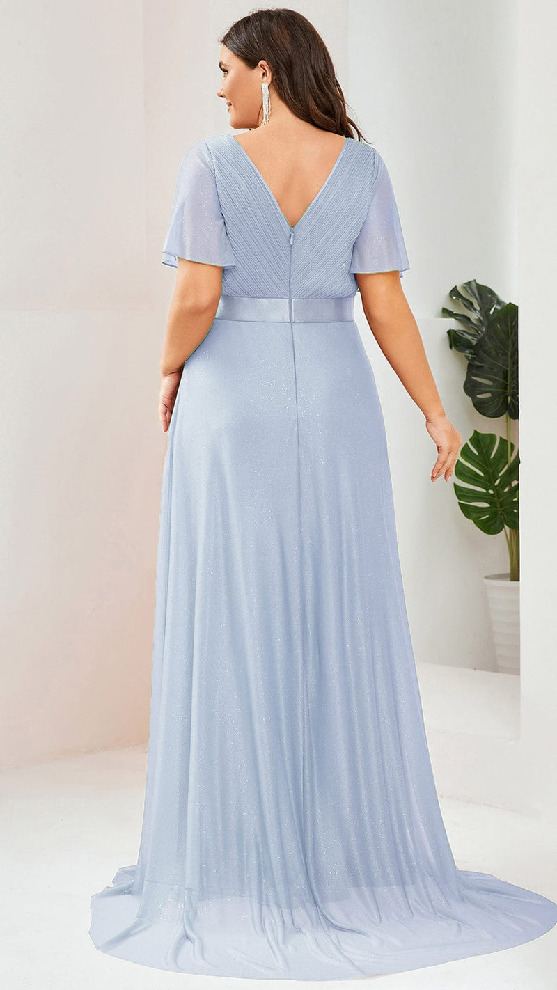ever LIORÉ|Sparkling Short Sleeve V-Neck Ribbon Waist A-Line Evening Dress