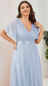 ever LIORÉ|Sparkling Short Sleeve V-Neck Ribbon Waist A-Line Evening Dress