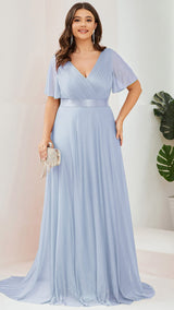 ever LIORÉ|Plus Size V Neck Ribbon Waist Formal Evening Dress With Sleeves