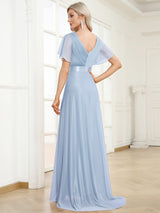 ever LIORÉ|Sparkling Short Sleeve V-Neck Ribbon Waist A-Line Evening Dress