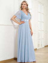 ever LIORÉ|Sparkling Short Sleeve V-Neck Ribbon Waist A-Line Evening Dress