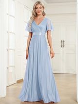 ever LIORÉ|Sparkling Short Sleeve V-Neck Ribbon Waist A-Line Evening Dress