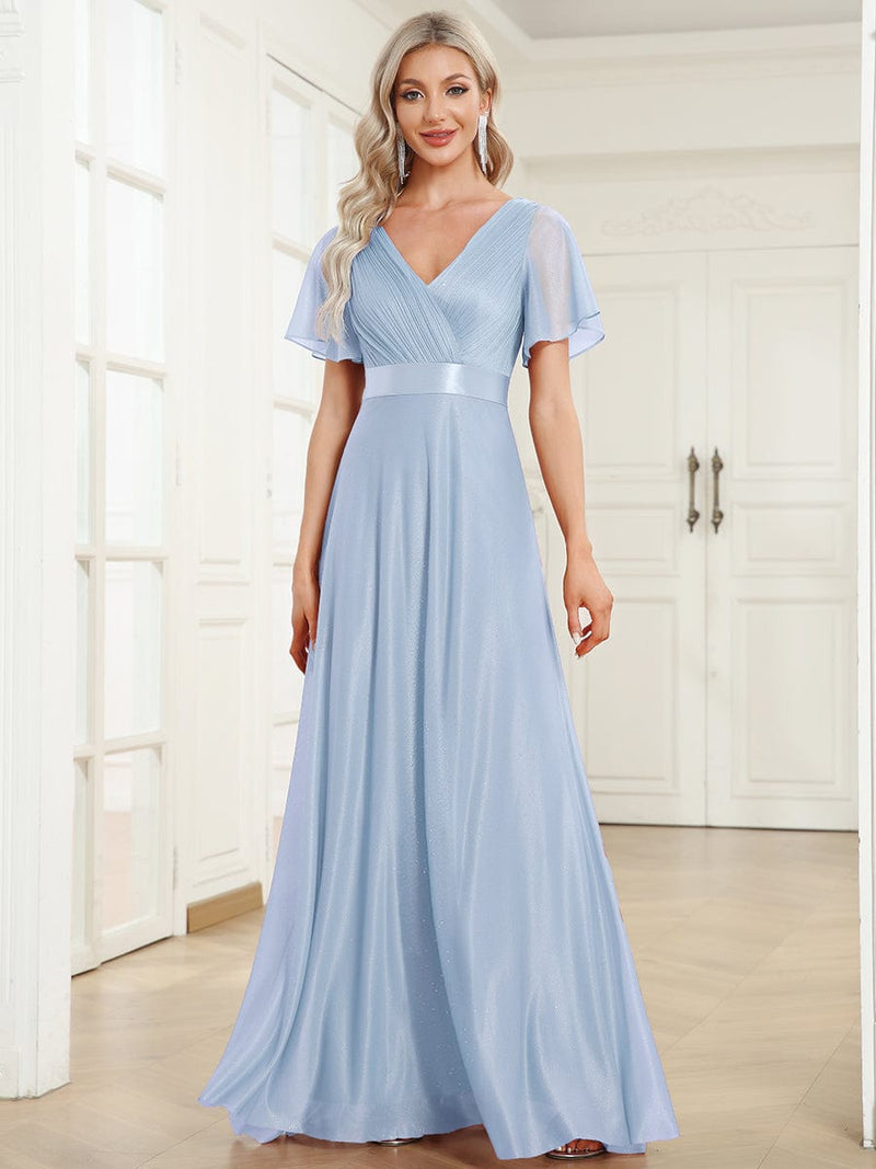 ever LIORÉ|Sparkling Short Sleeve V-Neck Ribbon Waist A-Line Evening Dress