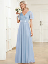 ever LIORÉ|Sparkling Short Sleeve V-Neck Ribbon Waist A-Line Evening Dress