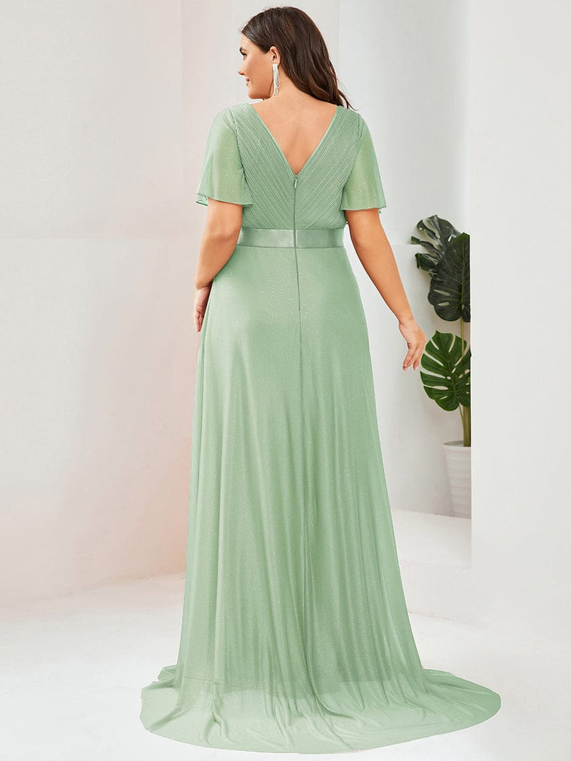 ever LIORÉ|Sparkling Short Sleeve V-Neck Ribbon Waist A-Line Evening Dress