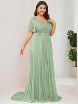 ever LIORÉ|Sparkling Short Sleeve V-Neck Ribbon Waist A-Line Evening Dress