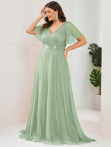 ever LIORÉ|Sparkling Short Sleeve V-Neck Ribbon Waist A-Line Evening Dress