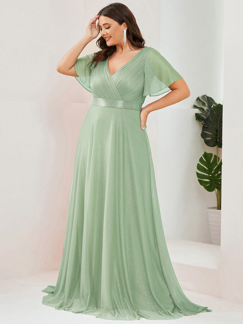 ever LIORÉ|Sparkling Short Sleeve V-Neck Ribbon Waist A-Line Evening Dress