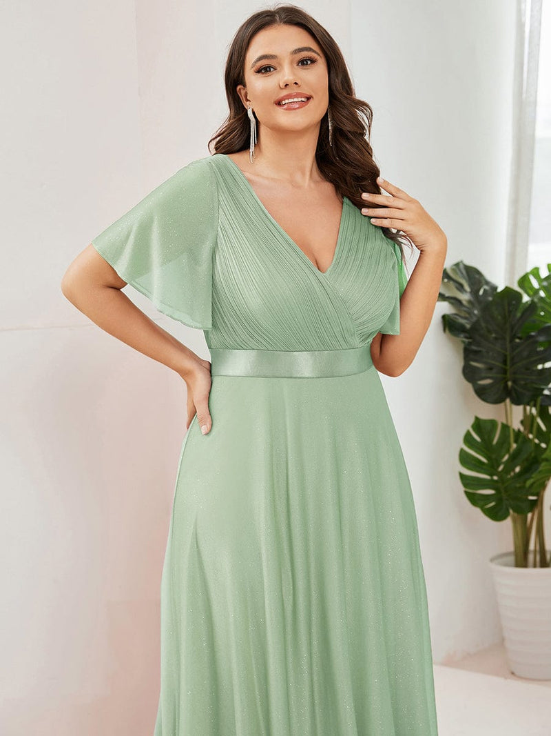 ever LIORÉ|Sparkling Short Sleeve V-Neck Ribbon Waist A-Line Evening Dress