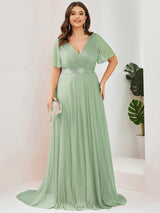 ever LIORÉ|Sparkling Short Sleeve V-Neck Ribbon Waist A-Line Evening Dress