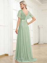 ever LIORÉ|Sparkling Short Sleeve V-Neck Ribbon Waist A-Line Evening Dress