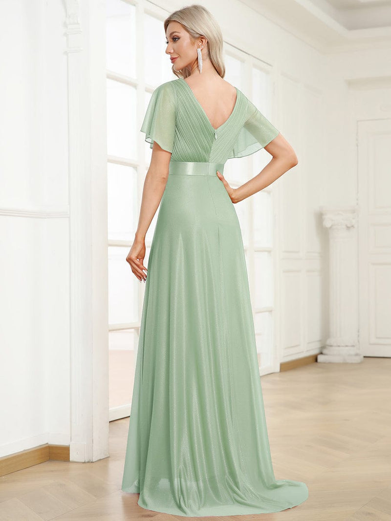 ever LIORÉ|Sparkling Short Sleeve V-Neck Ribbon Waist A-Line Evening Dress