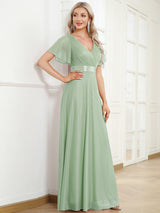 ever LIORÉ|Sparkling Short Sleeve V-Neck Ribbon Waist A-Line Evening Dress