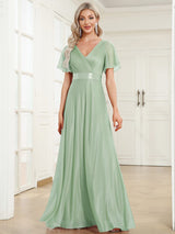 ever LIORÉ|Sparkling Short Sleeve V-Neck Ribbon Waist A-Line Evening Dress