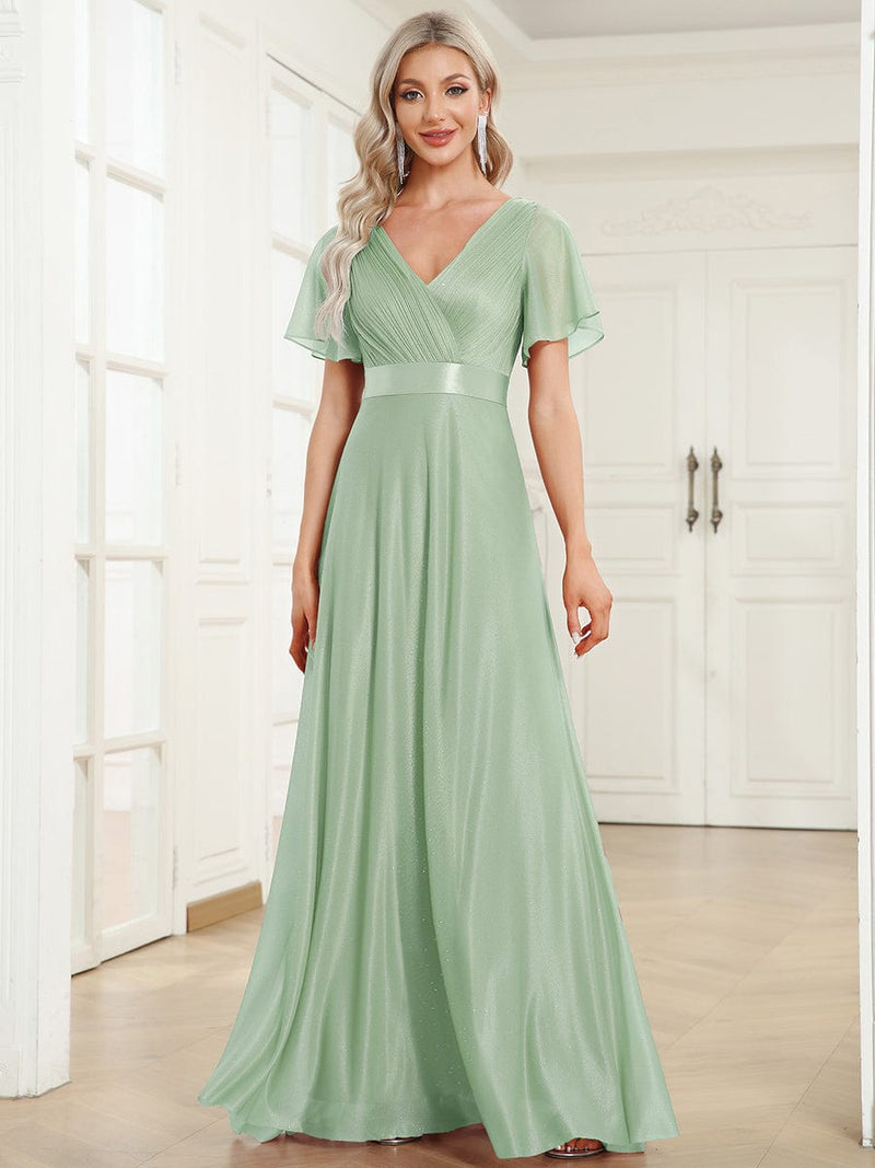 ever LIORÉ|Sparkling Short Sleeve V-Neck Ribbon Waist A-Line Evening Dress