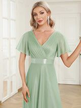 ever LIORÉ|Sparkling Short Sleeve V-Neck Ribbon Waist A-Line Evening Dress