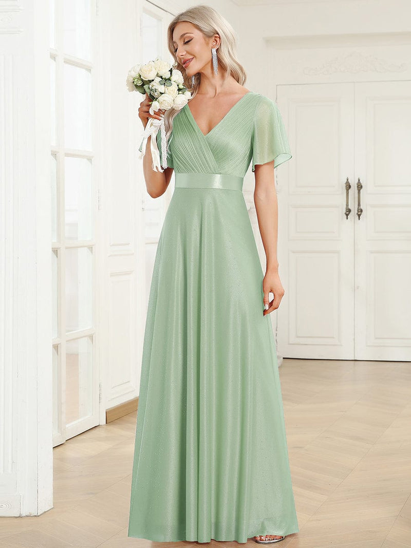 ever LIORÉ|Sparkling Short Sleeve V-Neck Ribbon Waist A-Line Evening Dress