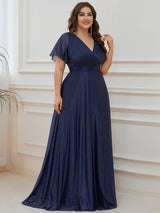 ever LIORÉ|Sparkling Short Sleeve V-Neck Ribbon Waist A-Line Evening Dress