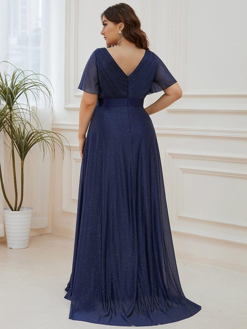 ever LIORÉ|Sparkling Short Sleeve V-Neck Ribbon Waist A-Line Evening Dress