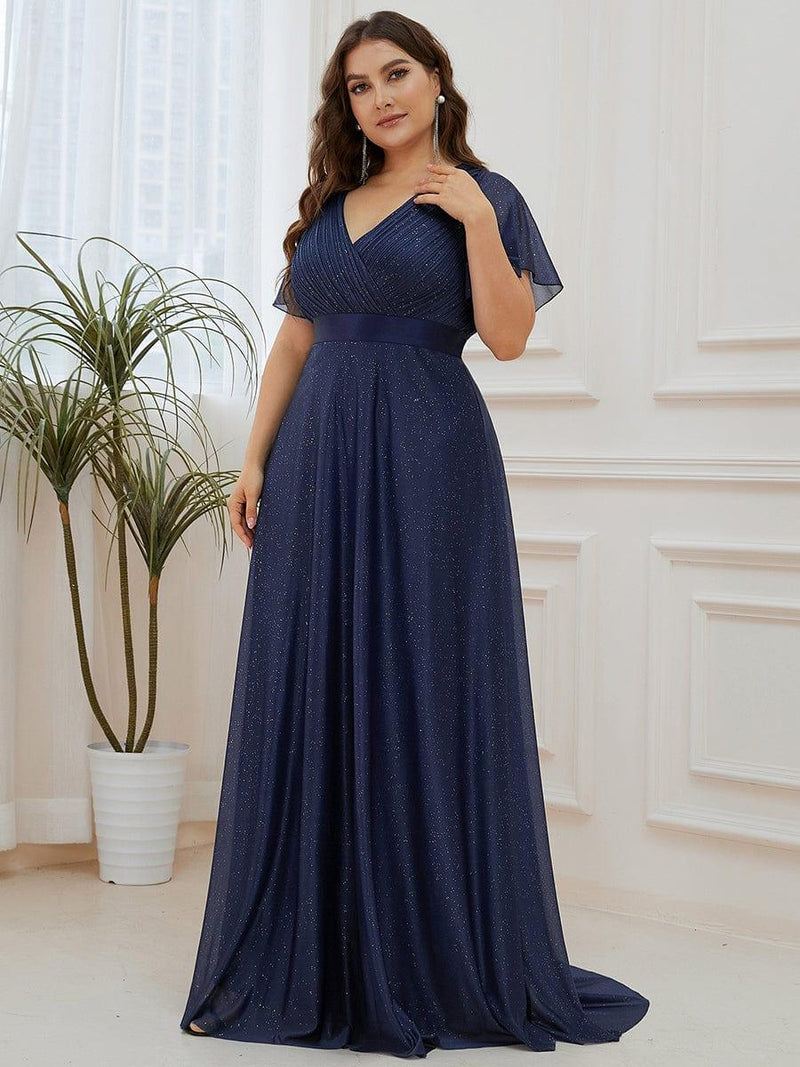 ever LIORÉ|Sparkling Short Sleeve V-Neck Ribbon Waist A-Line Evening Dress