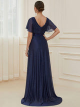 ever LIORÉ|Sparkling Short Sleeve V-Neck Ribbon Waist A-Line Evening Dress