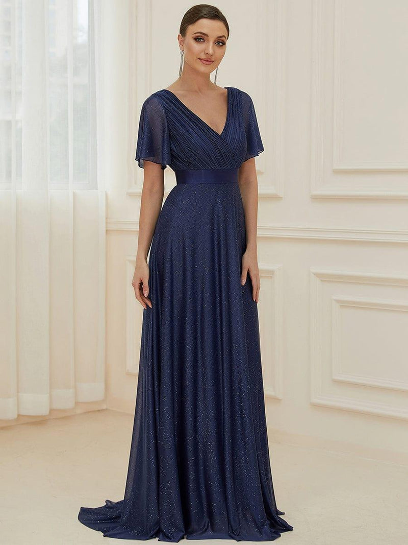 ever LIORÉ|Sparkling Short Sleeve V-Neck Ribbon Waist A-Line Evening Dress