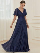 ever LIORÉ|Sparkling Short Sleeve V-Neck Ribbon Waist A-Line Evening Dress