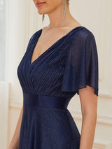 ever LIORÉ|Sparkling Short Sleeve V-Neck Ribbon Waist A-Line Evening Dress