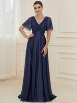 ever LIORÉ|Sparkling Short Sleeve V-Neck Ribbon Waist A-Line Evening Dress
