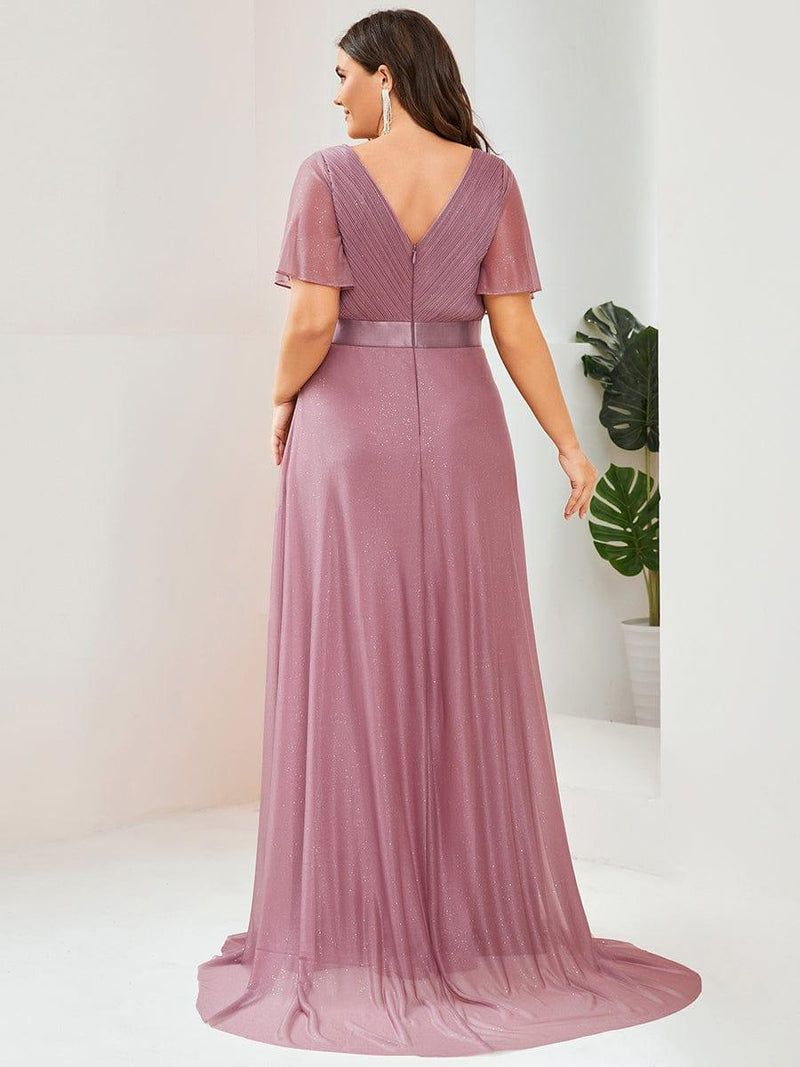 ever LIORÉ|Sparkling Short Sleeve V-Neck Ribbon Waist A-Line Evening Dress