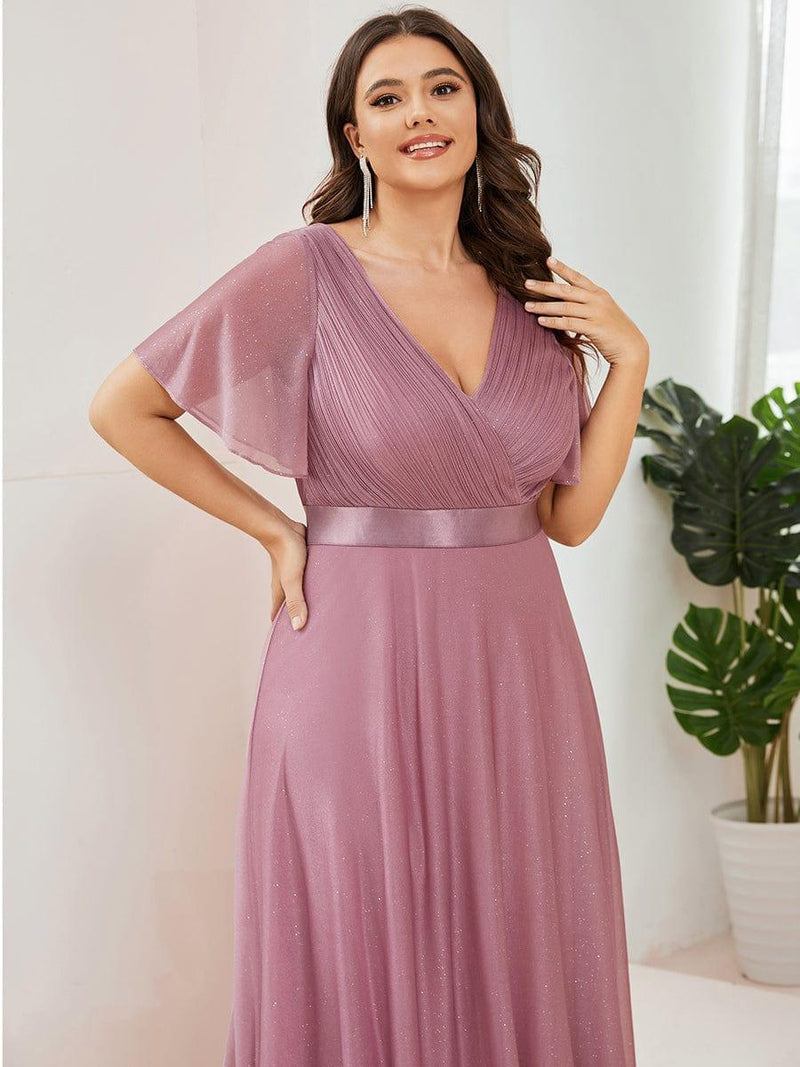 ever LIORÉ|Sparkling Short Sleeve V-Neck Ribbon Waist A-Line Evening Dress