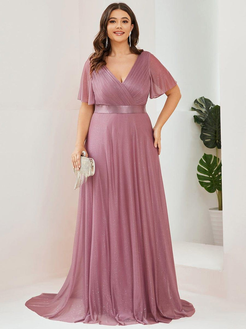 ever LIORÉ|Sparkling Short Sleeve V-Neck Ribbon Waist A-Line Evening Dress