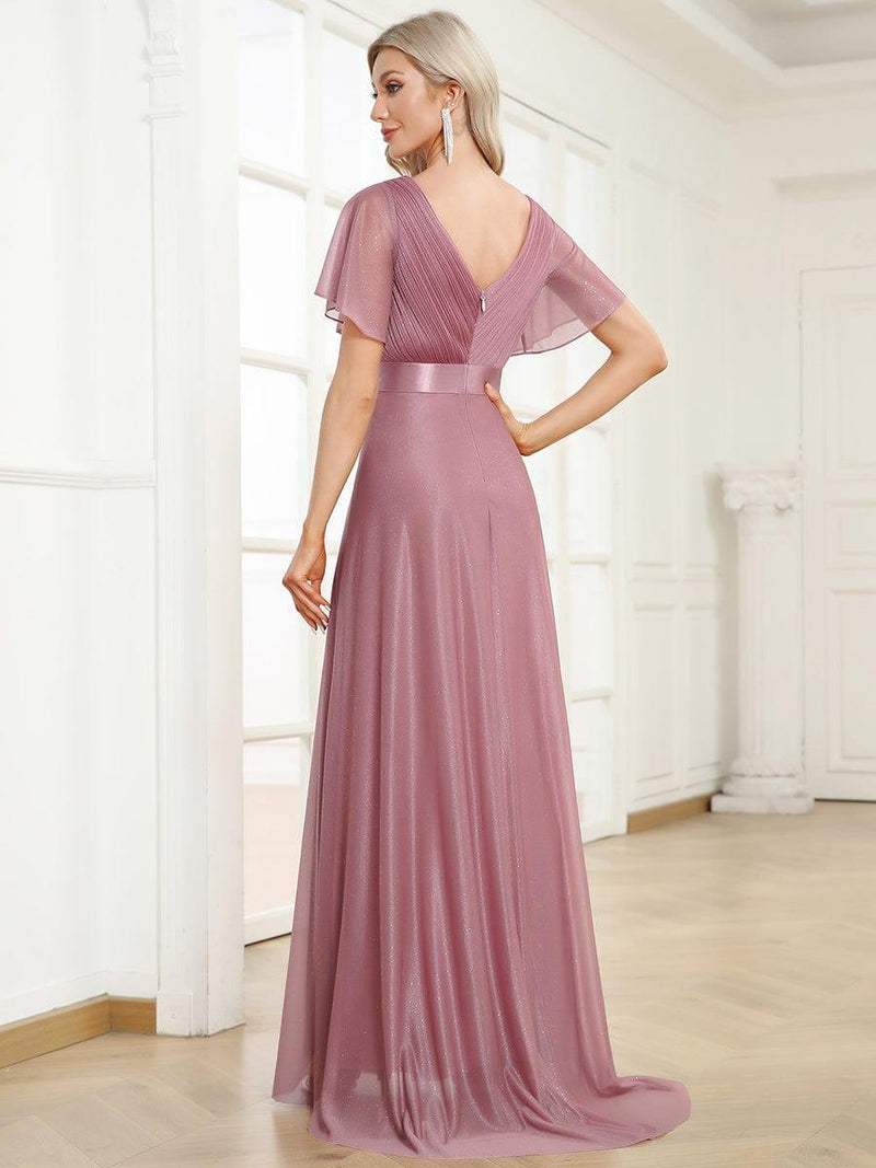 ever LIORÉ|Sparkling Short Sleeve V-Neck Ribbon Waist A-Line Evening Dress