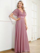 ever LIORÉ|Sparkling Short Sleeve V-Neck Ribbon Waist A-Line Evening Dress