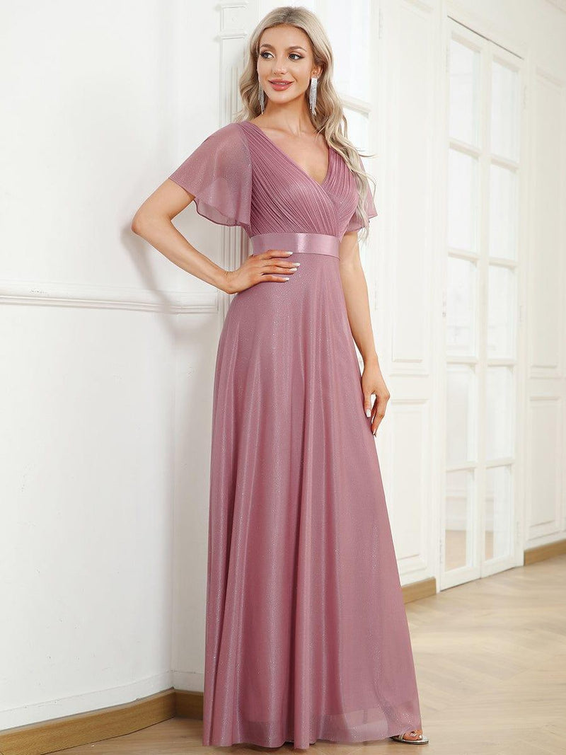 ever LIORÉ|Sparkling Short Sleeve V-Neck Ribbon Waist A-Line Evening Dress
