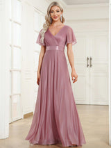 ever LIORÉ|Sparkling Short Sleeve V-Neck Ribbon Waist A-Line Evening Dress