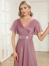 ever LIORÉ|Sparkling Short Sleeve V-Neck Ribbon Waist A-Line Evening Dress